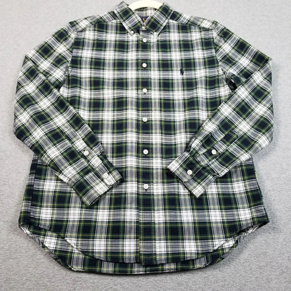 Ralph Lauren Button Up Shirt Boys L Large Green Blue Plaid Pony Long Sleeve Logo